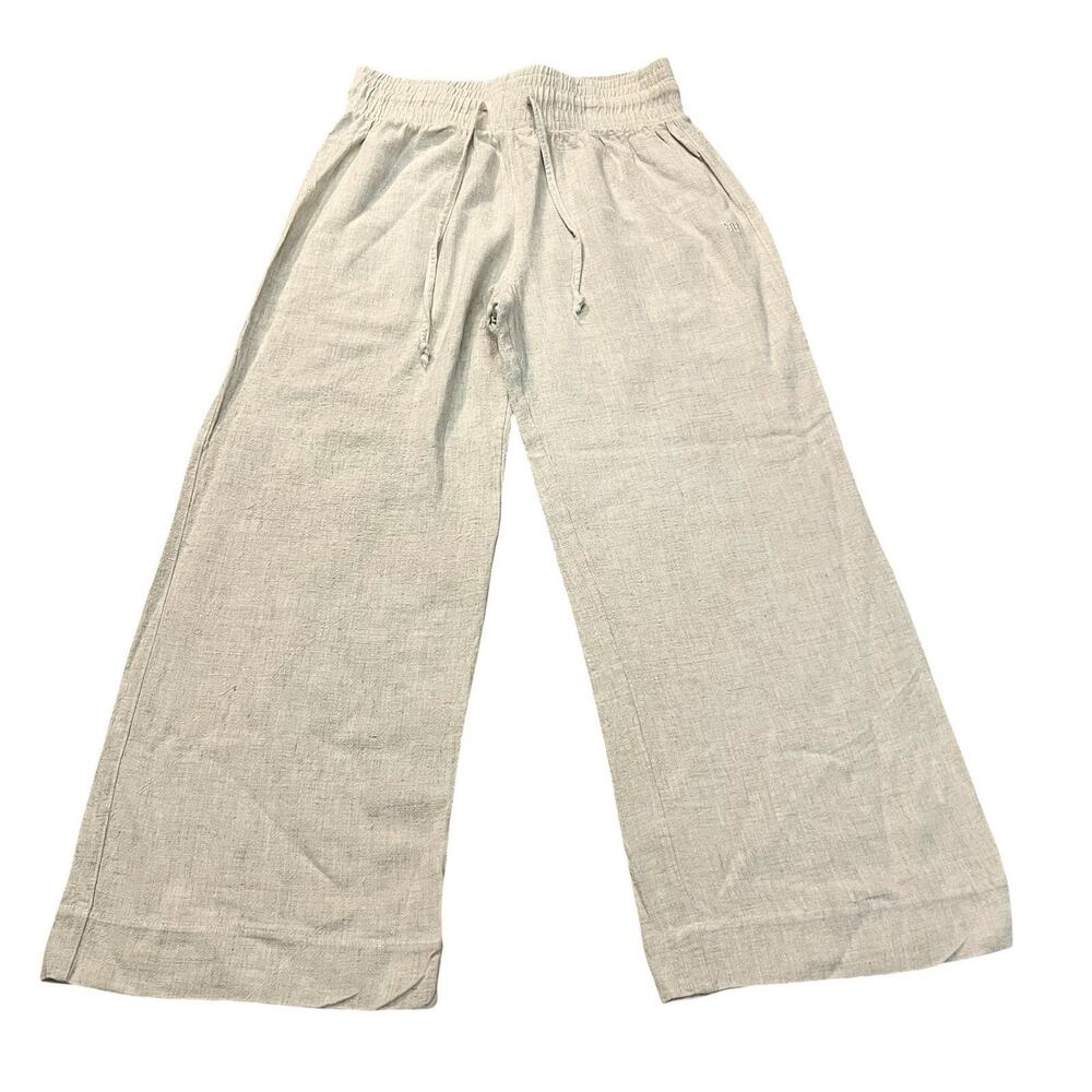 Albion Fit Linen Blend Wide Leg Capri Pants Small Drawstring Beige Boho Beach